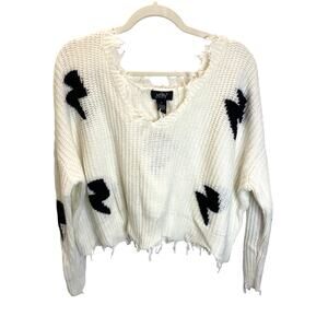 AC/DC Just Polly White Distressed V-neck Sweater In Black Lightning Bolt Medium
